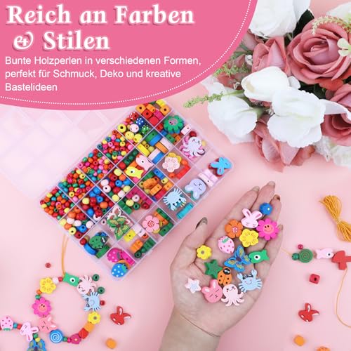Holzperlen zum Auffädeln Kinder 530 Stk,Bunt Blumen&Tiere Perlen,mit Schnur – Ansicht 5