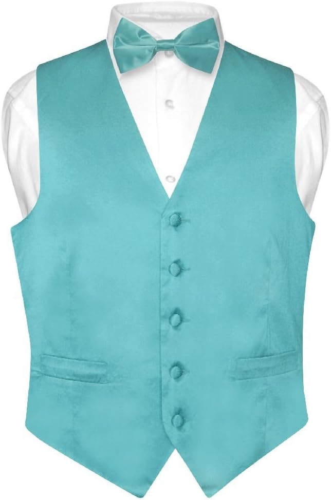 Biagio Men's SILK Dress Vest Bow Tie Solid TURQUOISE AQUA BLUE Color BowTie Set