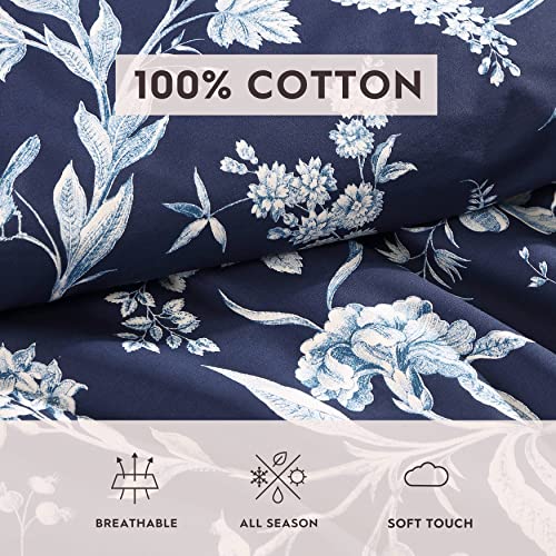 Image of Laura Ashley- King Comforter Set, Cotton Reversible Bedding Set, Includes Matching Shams with Bonus Euro Shams & Throw Pillow Covers (Branch Toile Blue, King)