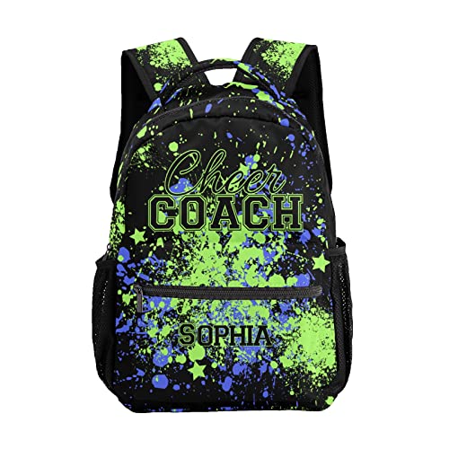 Watercolor Cheerleader Cheer Coach Blue Green Backpack Personalized Waterproof Casual Daypack Gift for Holiday Birthday