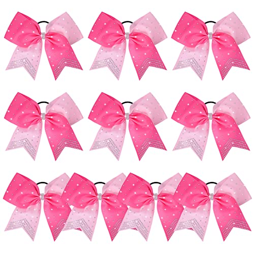 DEEKA 10 PCS Rhinestones Two Toned Large Cheer Hair Bows 7 Glitter Cheer Ponytail Holder Handmade for Teen Girls Softball Cheerleader Sports -Light Pink/Hot Pink
