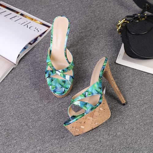 Image of Esvowido Heeled Mules for Women Cork Platform Stiletto Heels Slip on Open Toe High Heeled Sandals Crisscross Slippers Pumps Shoes