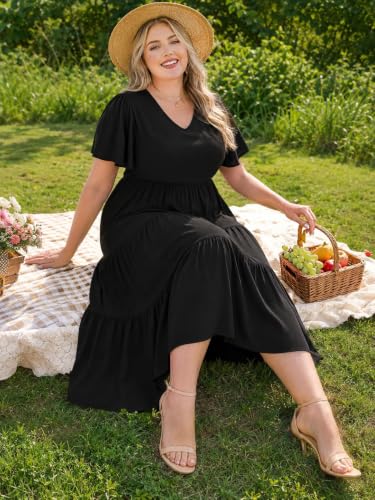 Image of Women's Plus Size Summer Dresses Floral Casual Tiered Midi Dresses V-Neck Short Sleeve Long Maxi Dress with Pockets