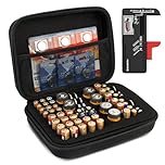 BLOSTM Battery Storage Case with Tester - Portable Battery Organiser with 64 Slots for AAA, AA, 9V C, D, Button Cell - Compact, Robust Carrying Case for Batteries (Not Included)
