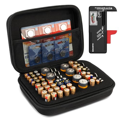 BLOSTM Battery Storage Case with Tester - Portable Battery Organiser with 64 Slots for AAA AA 9V C D Button Cell - Compact Robust Carrying Case for Batteries (Not Included)