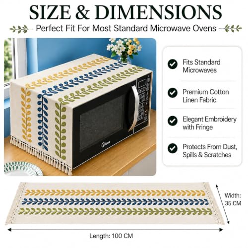 Image of Premium Cotton Microwave Oven Cover | Elegant Embroidered Leaf Design with Decorative Tassel Fringe | Dustproof Washable Kitchen Appliance Protector | Appliances Cover | 100 x 35 CM (Yellow)