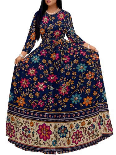 Image of Women Plus Size Long Sleeve V Neck Maxi Dress with Belt | Soft fabric relaxed fit three quarter sleeve v neck with pockets for party and daily wear
