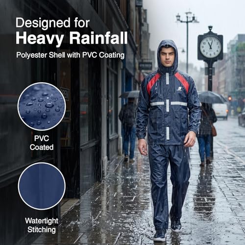 Image of Amazon Brand - Symactive Men Polyester Raincoat | Jacket with Pants | Hooded | Water Resistant | with Storage Bag | Blue | Medium