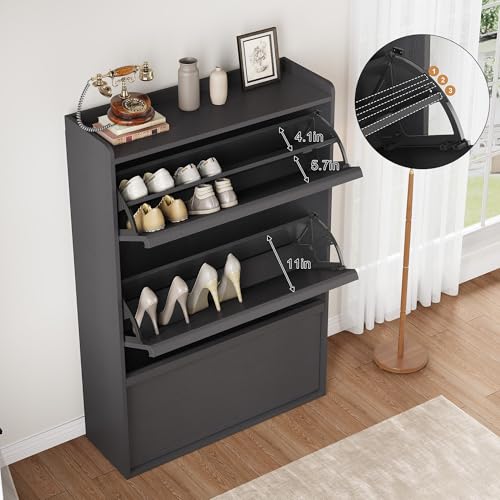 GarveeHome Shoe Cabinet with 3 Flip Drawers, Wooden Shoe Organizer Cabinet with Adjustable Shelf, Shoe Storage for Entryway, Hidden Shoe Cabinet for Hallway, Living Room, Black