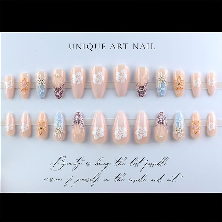 Flower Press On Nails Medium Square Gold Pearl Star Nude Pink_voghion.com