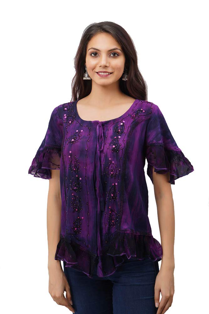 Jordash Blouse Multi Purple Sweetheart Neckline and Short Sleeve XL