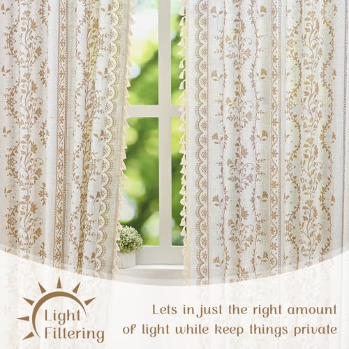 Image of Yinhua Boho Curtains for Living Room 63 Inch Length Vintage Linen Curtains for Bedroom Light Filtering Window Curtain Rod Pocket & Back Tabs Rustic Tassel Drapes with Tiebacks, White Beige