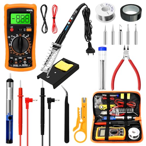 Soldador Estaño, 19 en 1 kit de Soldador 60W con Pantalla LCD, Temperatura Ajustable 180 500℃, con Multímetro digi, 5 Puntas de Soldador Soldador Profesional para Reparaciones Diversas