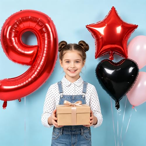 Image of TONIFUL 9th Birthday Balloons Kit 40 Inch Red Large Number 9 Foil Balloon | with 18Inch Helium Mylar Heart Star Balloons for Kids Women Men Birthday Anniversary Graduation New Year Eve Party Decoration