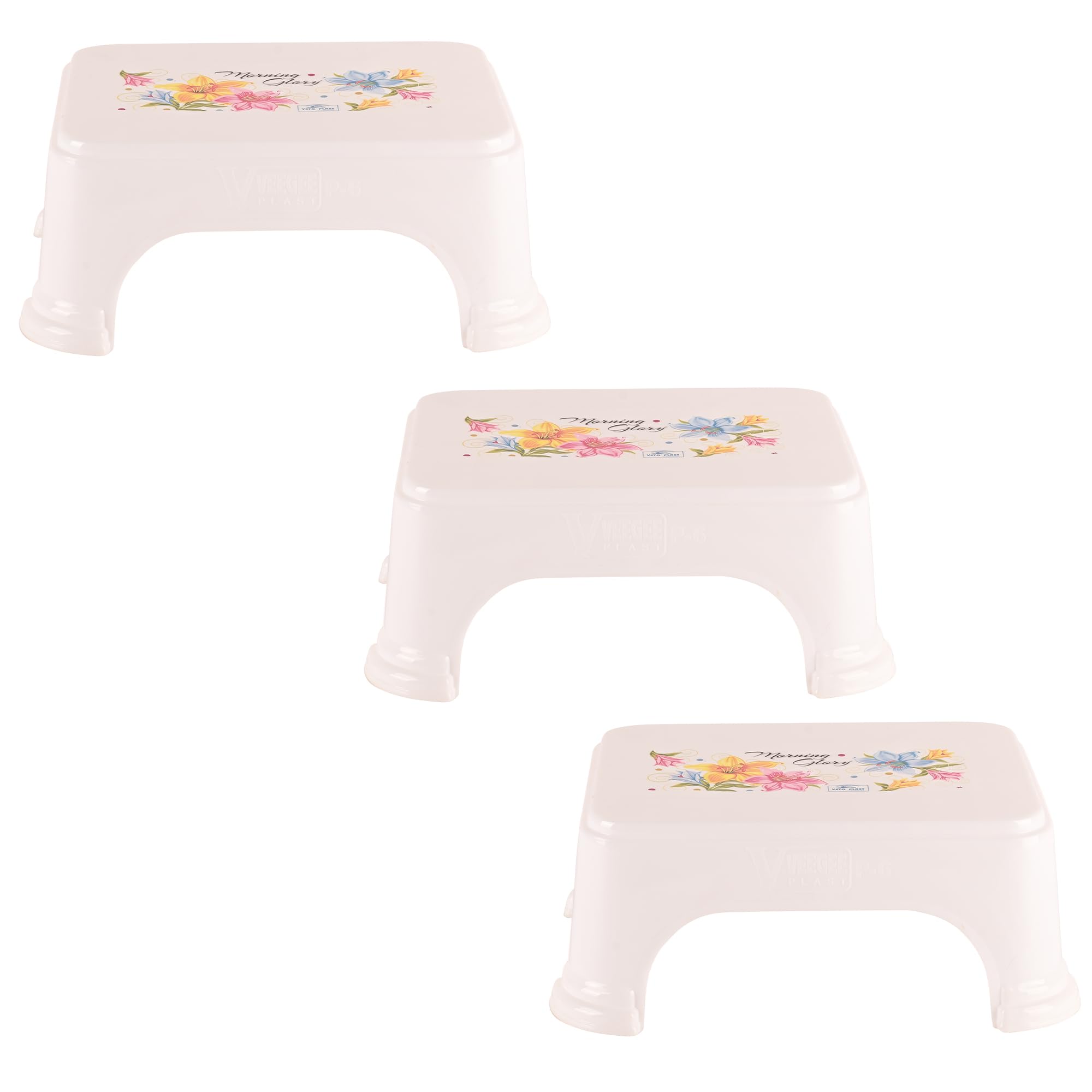 Kuber Industries Pack of 3 Bath Stool for Bathroom | Plastic Stools for Sitting | Bathroom Stool for Bathing | Flower Print Square Stool | White