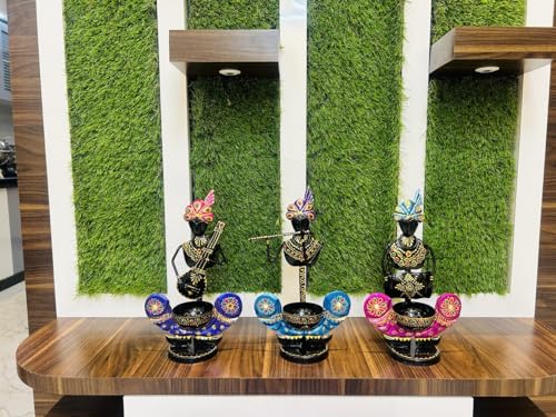 Image of OVIK Metal Multicolor Musician Set of 3 with T-Light Stand Playing Musical Instrument Idol Handpainted Figurine Showpiece for Home Decor Tv Unit Living Room Office Decor (Each Size 7x12 Inch)