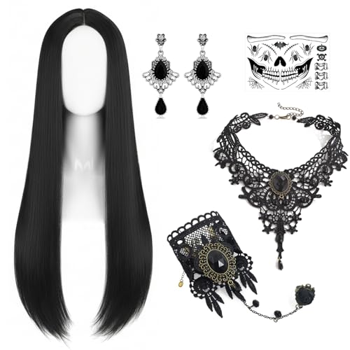 Gatwrmth Long Black Wig for Women 28 Long Straight Black Wig Necklace Earrings Bracelet Tattoo Stickers Halloween Ladies Fancy Dress Costume Set Cosplay Accessories for Adults