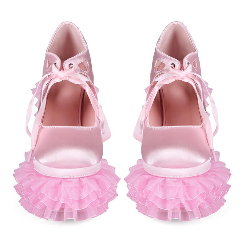 Lolita Plateaupumps für Damen Satin Schuhe mit Rüschenabsatz Schleife