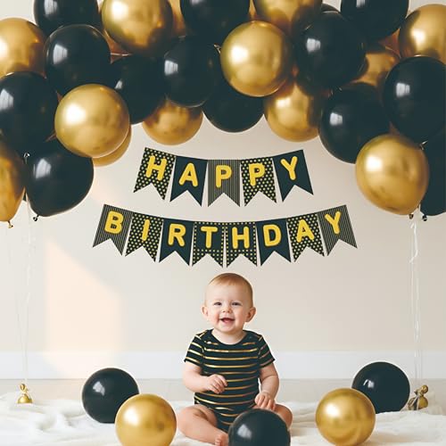 Image of Black & Gold Metallic Balloon Set with Happy Birthday Banner Perfect for Stylish Parties & Festive Events