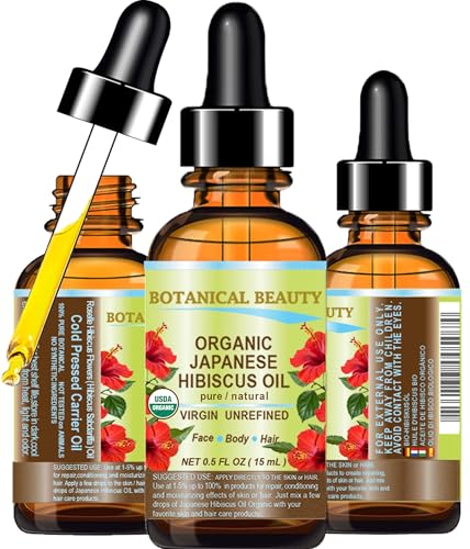 Botanical Beauty Organic HIBISCUS OIL (Hibiscus Sabdariffa) JAPANESE 100 Pure Natural VIRGIN UNREFINED COLD PRESSED Anti Aging Vitamin E Oil for FACE SKIN HAIR GROWTH (0.5 Fl Oz)