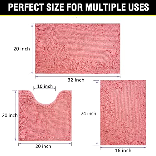 Image of Bathroom Rugs Chenille 3-Piece Extra Soft and Absorbent Shag Bathroom Rugs, Machine Wash Mat, Strong PVC Non-Slip Underside, Plush Carpet Mats (Pink)