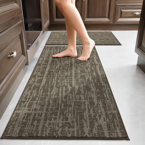 COSY HOMEER Kitchen Rugs 20"x32"+20"x48" Absorbent Soft Kitchen Mats for Floor Non Slip Kitchen Runner Rug Polyester Washable Kitchen Floor Mats for Sink Mat,Hallway,Laundry,Light Brown Ligh