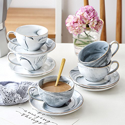 FUYU Gold Edge Marble Ceramic Espresso Coffee Cup and Saucer Set Tea Cup