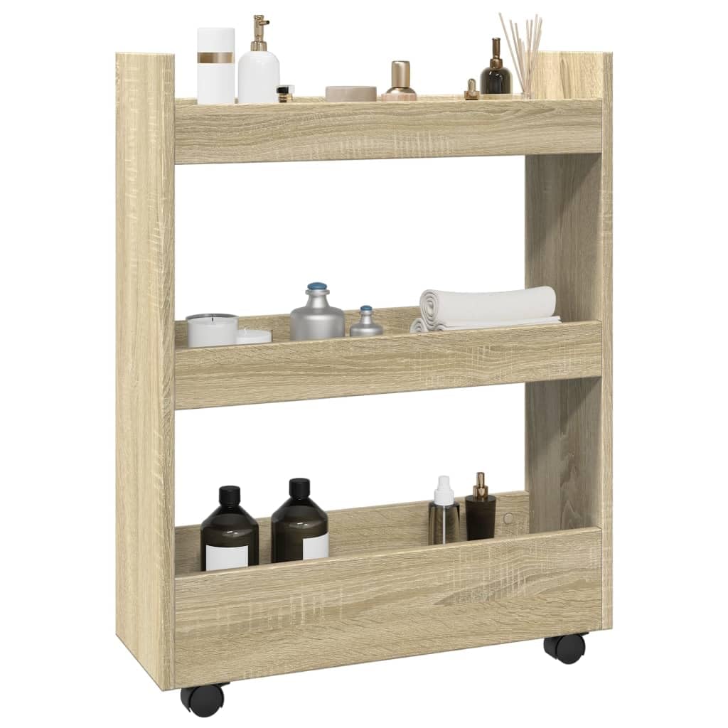 Carro de almacenamiento genérico estrecho de 3 niveles Chene Sonoma | Madera de ingeniería estable, 4 ruedas giratorias, 2 bloqueables, para sala de estar cocina y cuarto de baño