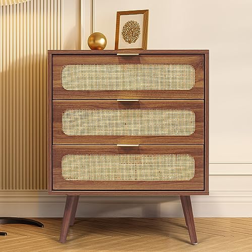 Image of QHITTY Drawer Dresser, Rattan Chest of Drawers with 3 Drawers Dresser, Accent Storage Cabinet Modern Bedside Table for Living Room, Entryway (Walnut)