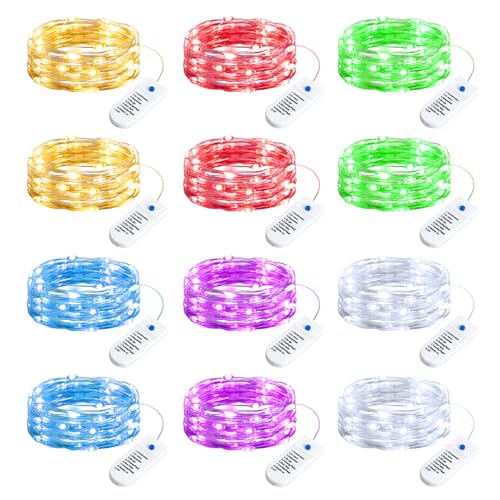 Image of Minetom 12 Pack 6 Colors Battery Operated Fairy String Lights 8 Modes | 7ft 20LED Waterproof Silver Wire Twinkle Lights, Firefly Starry Moon Lights for Mason Jars DIY Christmas Wedding Part