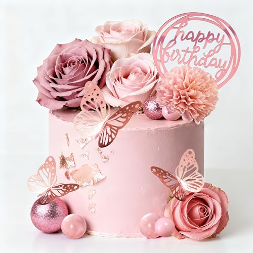 Flower Cake Toppers Happy Birthday Rose Gold Cake Decorations with Artificial Flowers Butterfly Balls for Wedding Baby Shower Birthday Party Supplies