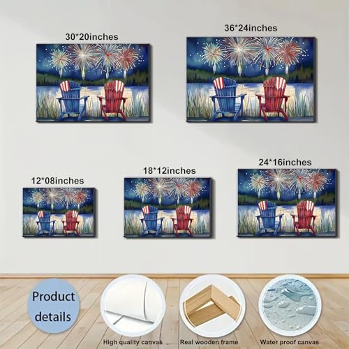 Image of Framed 4th of July Fireworks Adirondack Chair Wall Art, Patriotic Lake Canvas Art Pictures, USA Flag Wall Decor, Made in USA Ready to Hang for Living Room Porch