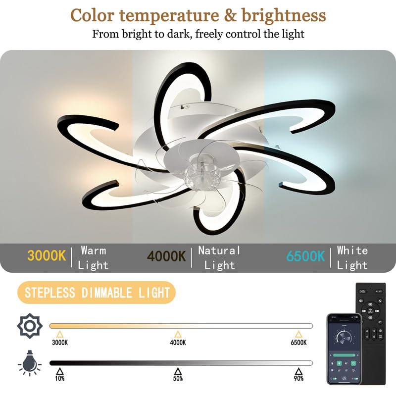 Silencioso Led Ventilador De Techo Con Luz, Regulable Lampara Ventiladores Techo, Moderno Design Lámpara Techo Ventilador 6 Velocidades Timer Ceiling Fan With Light Niños Salon Dormitorio Negro