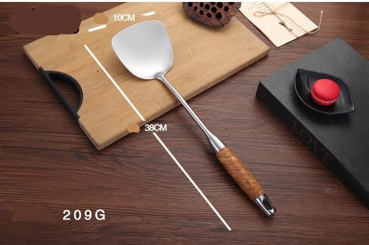 7-Piece Kitchen Silverware Set - 304 Stainless Steel Cutlery with Pear Wood Handle, Includes Soup Spoon, Frying Spatula, Large Colander, and Rice Serving Utensils