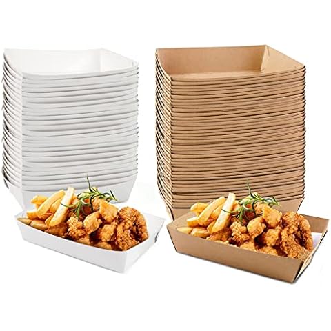 HAKACC 6.3"|16x11cm Kraft Paper Food Trays,25PCS White and 25PCS Brown Cardboard Serving Plates Takeaway Boxes Disposable Containers Holder Baskets for Chips Burger BBQ Water Oil Proof Party Lunch Cover