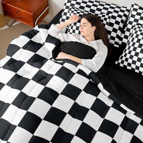 Image of Erosebridal Checkered Full Comforter Set 7 Piece Black and White Buffalo Plaid Bedding Sets for Kids Boys Teen Men,Geometric Grids Gingham Bed in A Bag with Sheets Modern Bed Set Bedroom Decor
