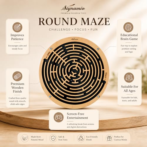 Image of SIGNAMIO Indoor Wooden Puzzle Game Round Maze Ball - Engaging Mind Games for Kids & Adults, Perfect Brain Teaser & Time Pass Activity, Ideal Wooden Board Game for All Ages