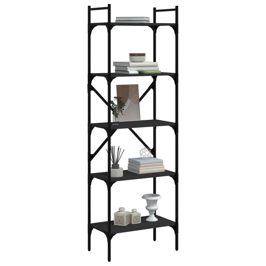 Bücherregal 5 Fächer Schwarz, Holzwerkstoff mit Metallrahmen, 56x31,5x174 cm, Standregal und Regalsystem für Büro Wohnzimmer Schlafzimmer, Stauraum und Ablage