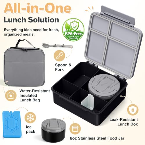 Image of Bento Lunch Box with 8oz Soup Thermo,Kids Leakproof 4 Compartment Lunch Food Containers with Sauce Cup and Ice Pack,Kids Thermo Insulated Hot Food Jar and Lunch Bag for School,Trvael-Black