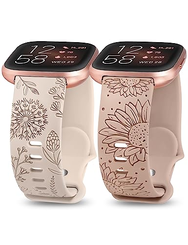 Minyee 2 Packs Floral Engraved Band Compatible with Fitbit Versa 2/Fitbit Versa/Versa Lite Bands Women Cute Soft Silicone Sunflower Dandelion Sport Designer Fancy Summer Strap for Versa 2 Smart Watch