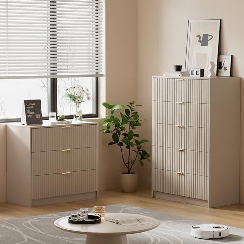 Image of Furniway Beige Dresser for Bedroom, Modern Dresser with 5 Drawers and Smooth Slides, Wide Chest of Drawers with Golden Handles for Bedroom, Living Room, Closet, 15.7 inch D x 31.5 inch W x 47.2 inch H