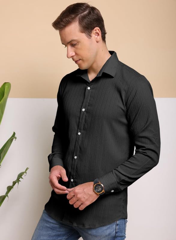 Image of Macsivo Men's Popcorn Shirt with Spread Collared Long Sleeve Button Down Closure Curved Hem Length | Linen Shirt for Man