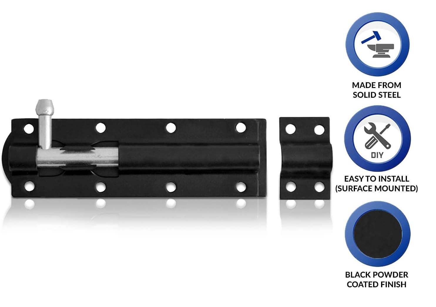 2 Pack Heavy Duty Tower Bolt Black 250mm (10"), Door Lock Bolt, Strong Black Coated Door Barrel Bolt - Image 3