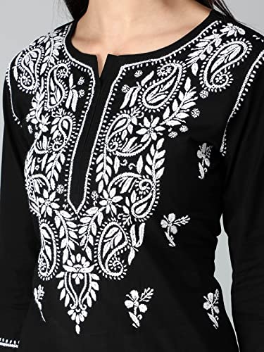 Image of Seva Chikan Hand Embroidered Lucknowi Chikankari Regular Straight Cotton Kurta Kurti for Women SCL4243
