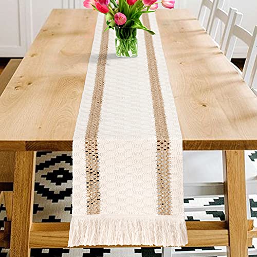Senneny Macrame Table Runner, Cream Beige Boho Table Runner with Tassels, Hand Woven Cotton and Burlap Splicing Table Runner, Rustic Farmhouse Table Runner for Bohemian, Fall, Kitchen Dining Table