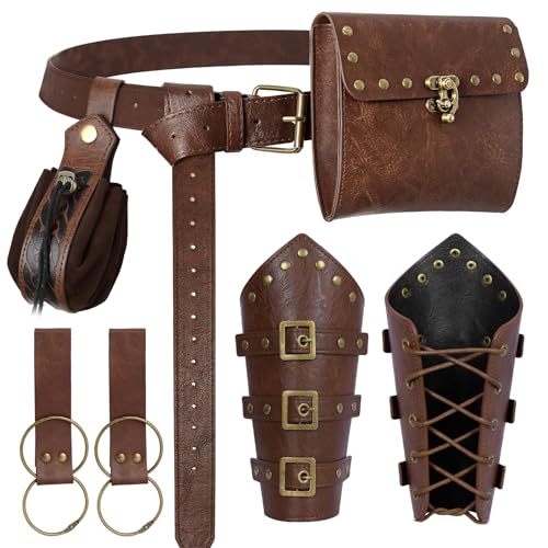 Image of Renaissance Belt Pouch Medieval Viking Leather Bracers Set for LARP