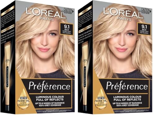 L'Oreal Paris Préférence Permanent Hair Colour - 9.1 Light Ash Blonde (Pack of 2)