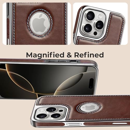 Image of PULOKA Chrome Leather Back Case - Compatible with iPhone 16 Pro - Luxury Bumper Case - Flexible Vegan Leather - Electroplated Sides & Logocut - Full Camera Protetection & Raised Edges - Brown