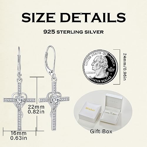 Cross Earrings 925 Sterling Silver Heart-Shaped Leverback Earrings Cross Dangle Drop Religious Jewelry Christian Baptism Gift2