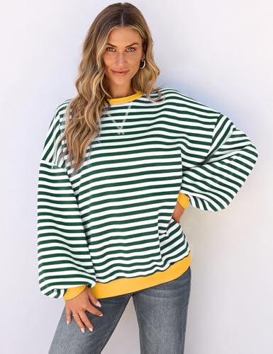 Image of UEU Women Oversized Striped Crewneck Sweatshirt Long Sleeve Color Block Pullover Tops Casual Loose Workout Shirt